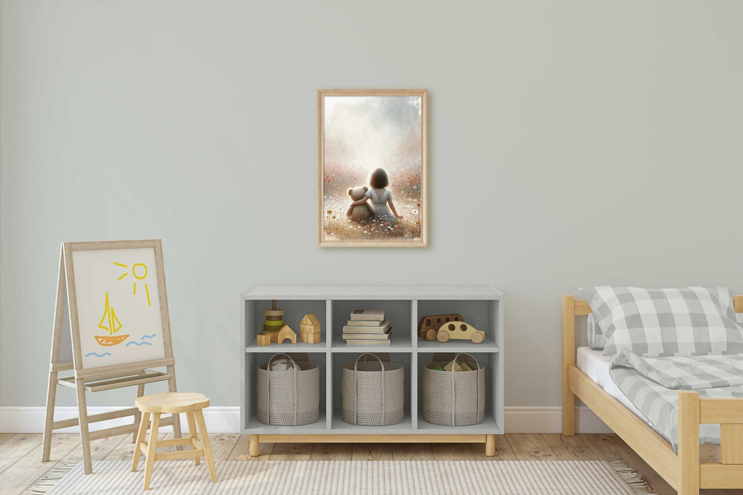 Girl & Teddy Bear Nursery Print, Cute Girls Room Decor - WildfieldPrints