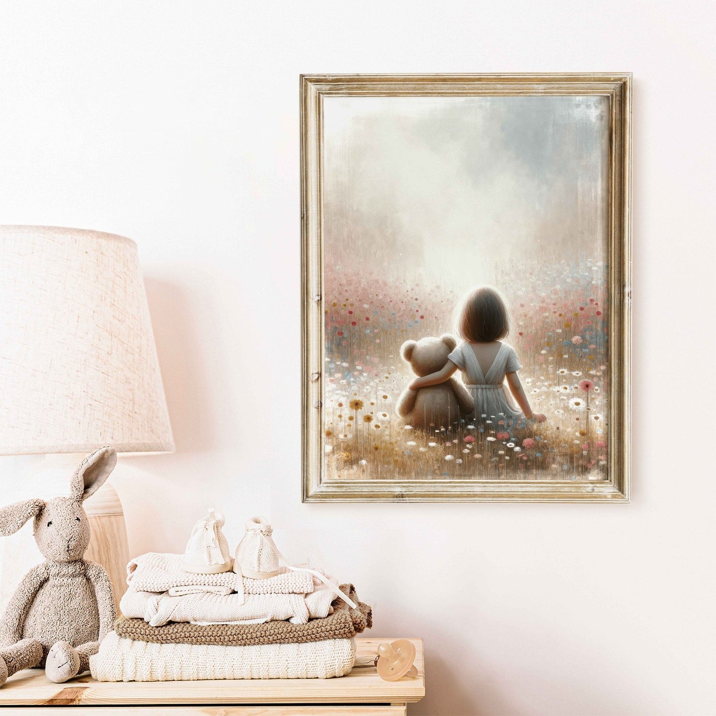 Girl & Teddy Bear Nursery Print, Cute Girls Room Decor - WildfieldPrints