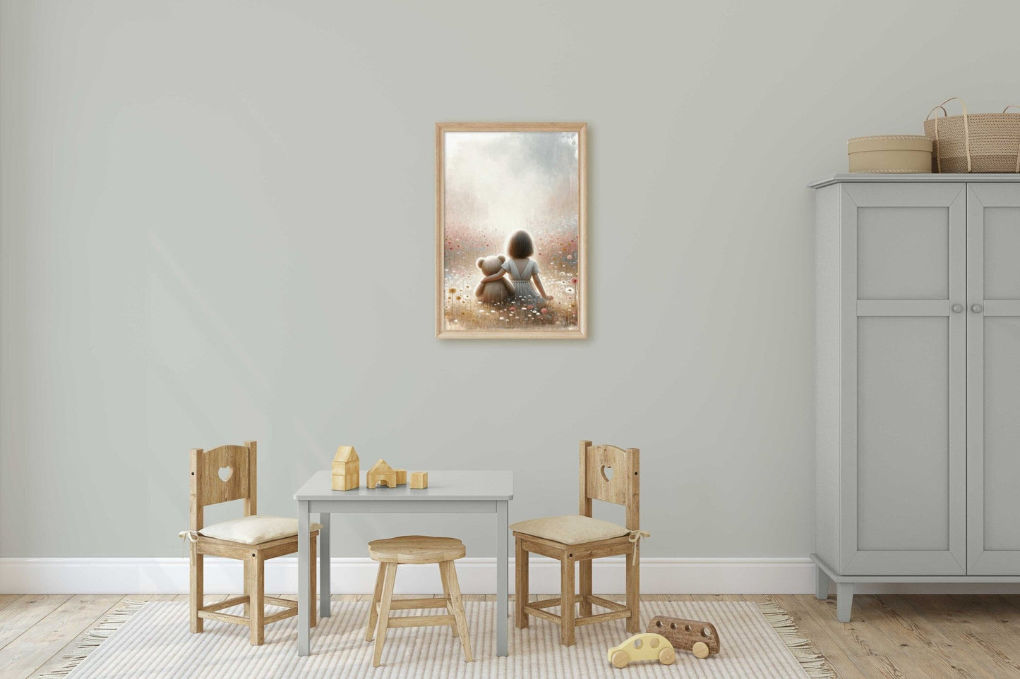 Girl & Teddy Bear Nursery Print, Cute Girls Room Decor - WildfieldPrints