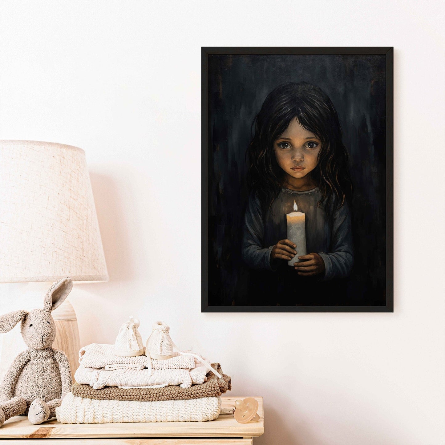 Girl with Candlelight, Black Nursery Print, Vintage Rustic Decor - WildfieldPrints