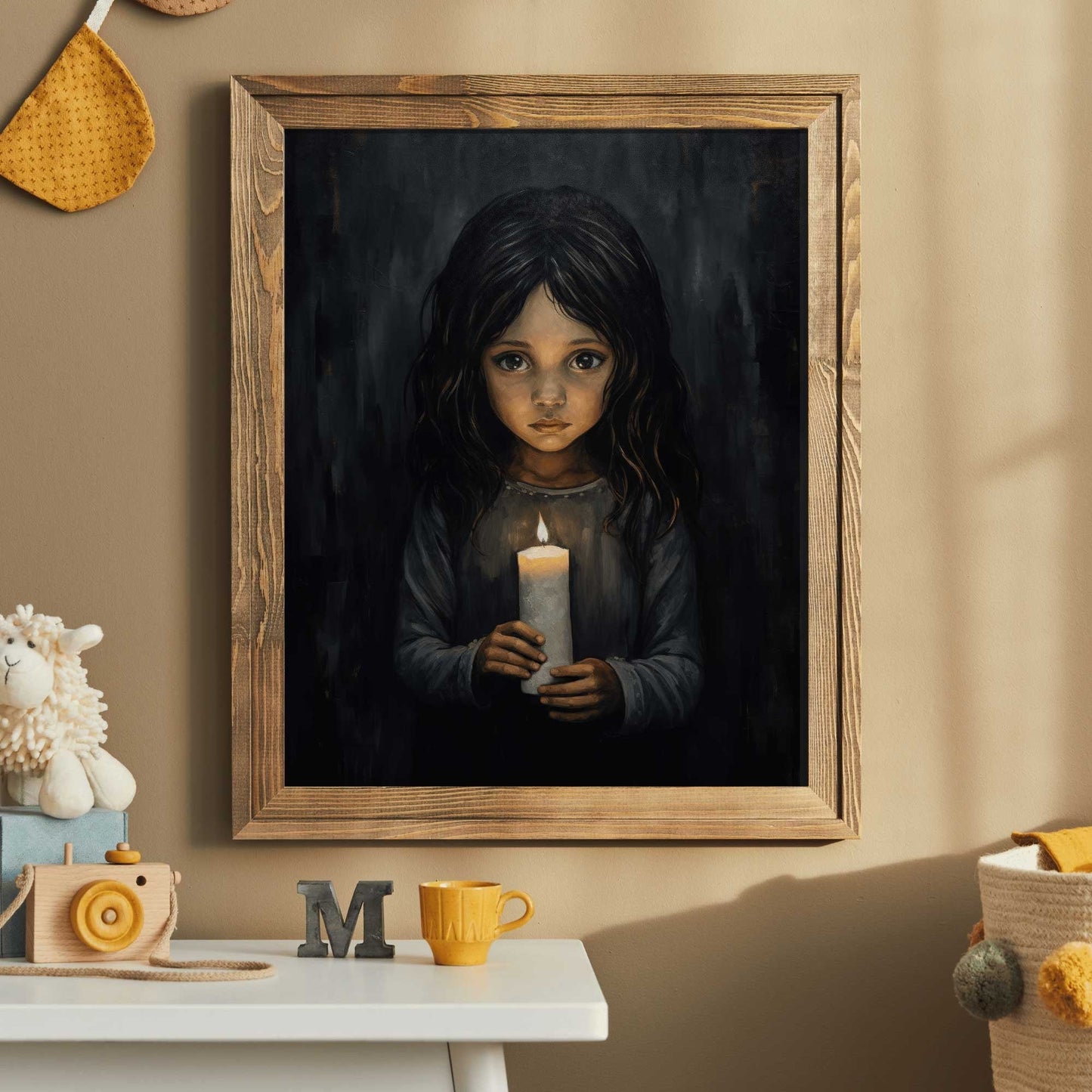 Girl with Candlelight, Black Nursery Print, Vintage Rustic Decor - WildfieldPrints
