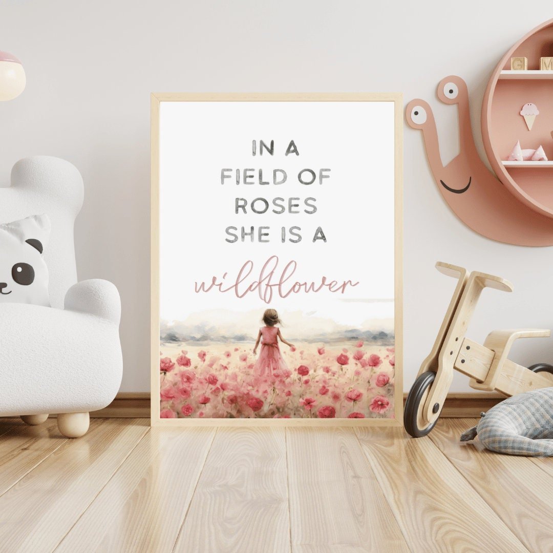 Girls Room Quote, Nursery Wall Art, In a Field of Roses Wildflower - WildfieldPrints