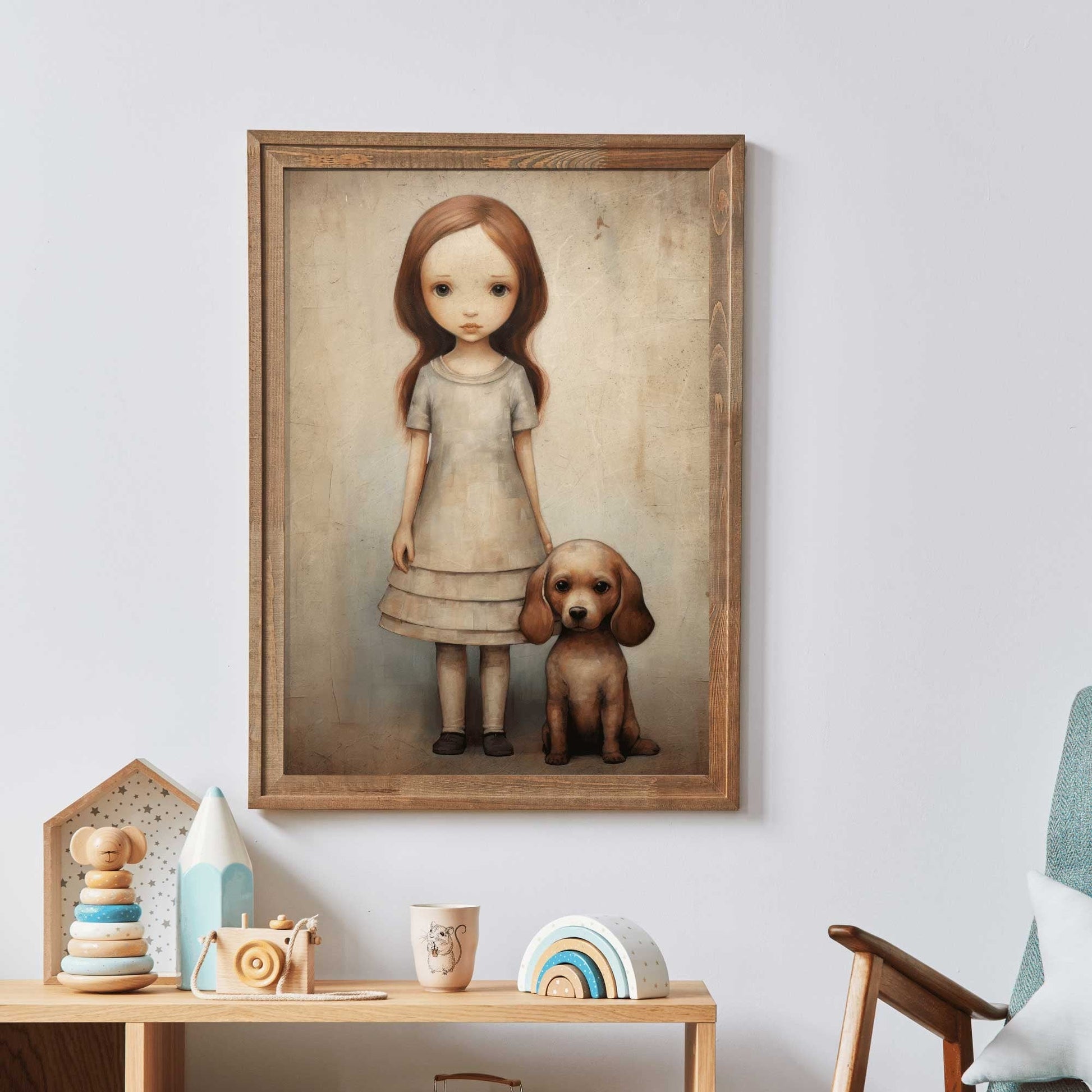 Girly Wall Art, Girl and Dog Print, Puppy Nursery Decor, Vintage Style - WildfieldPrints