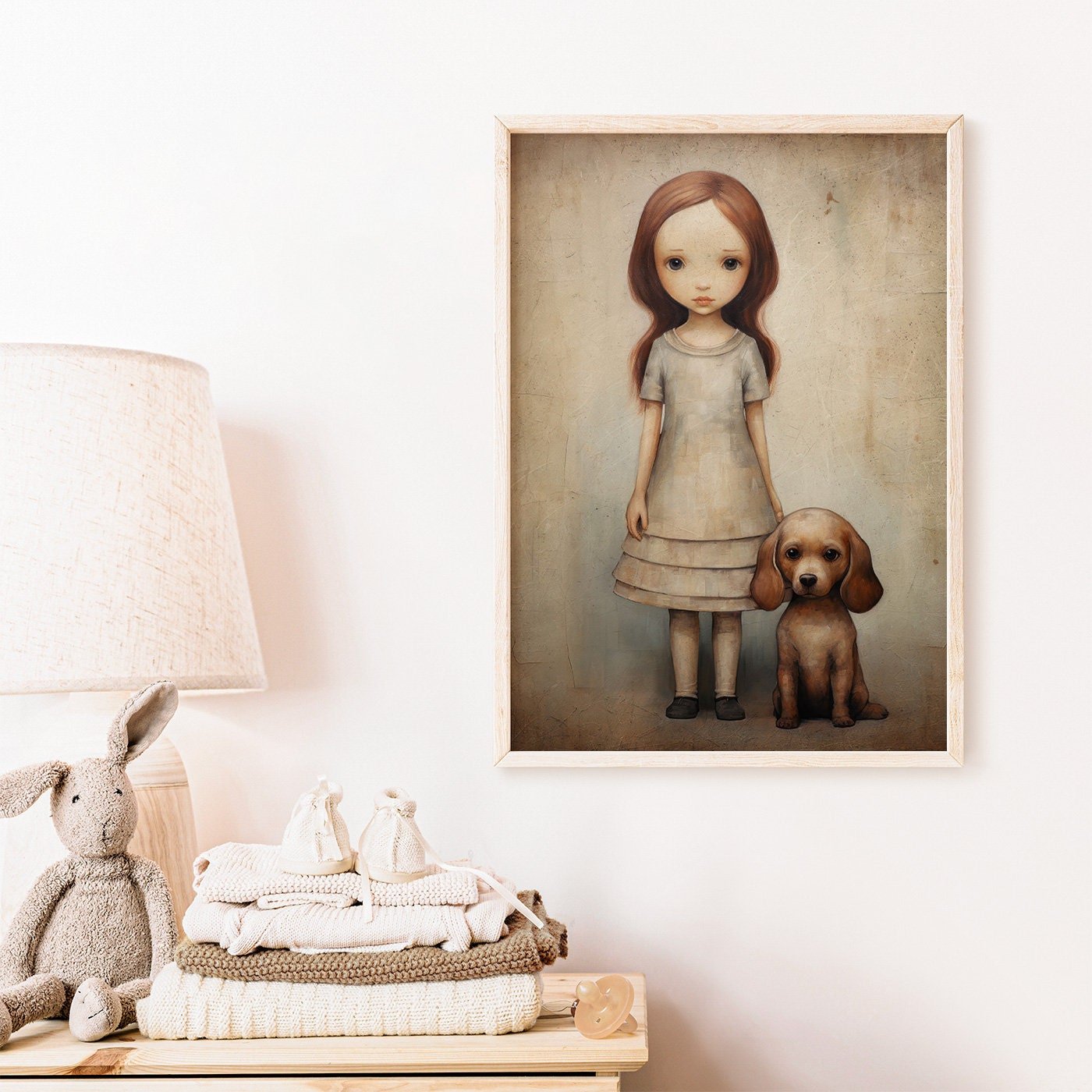 Girly Wall Art, Girl and Dog Print, Puppy Nursery Decor, Vintage Style - WildfieldPrints