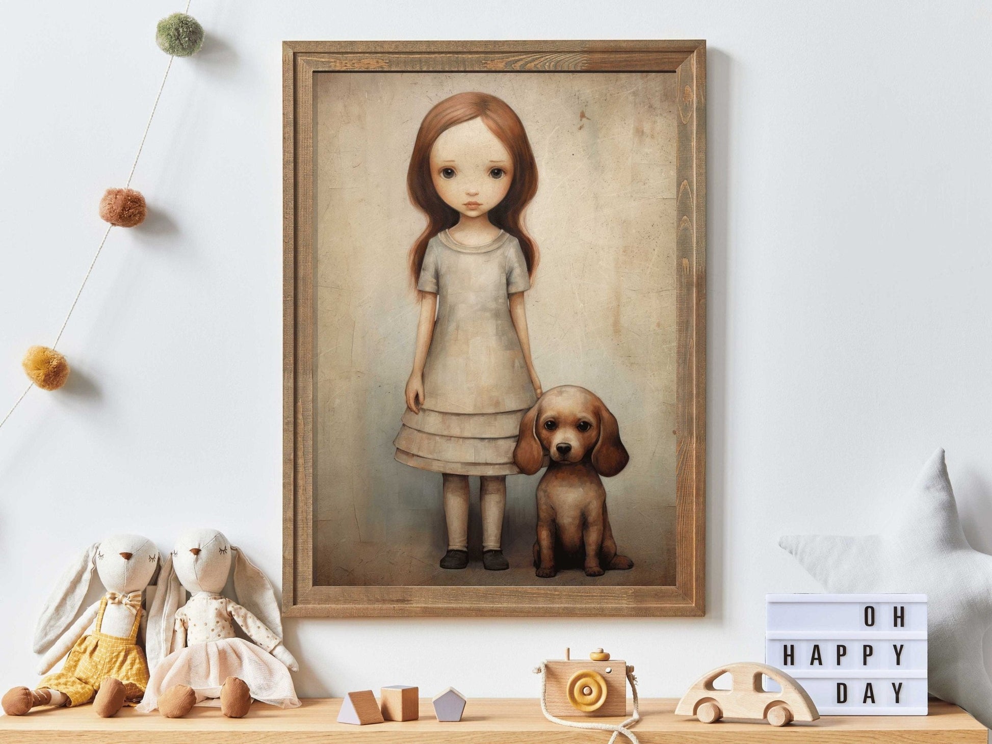 Girly Wall Art, Girl and Dog Print, Puppy Nursery Decor, Vintage Style - WildfieldPrints