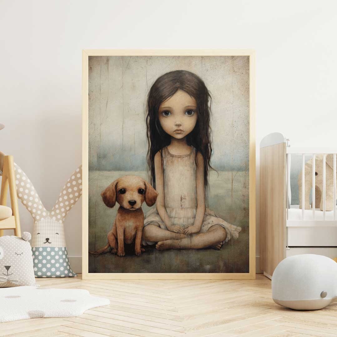 Girly Wall Art Print, Dog and Girl Decor, Vintage Nursery Artwork - WildfieldPrints