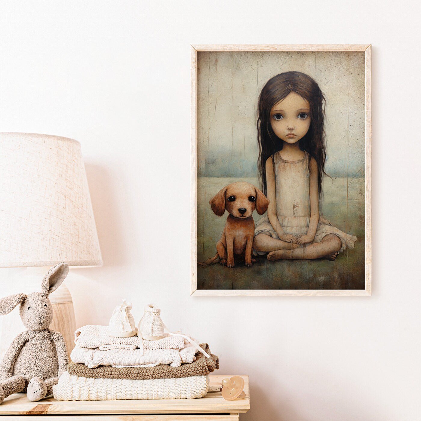 Girly Wall Art Print, Dog and Girl Decor, Vintage Nursery Artwork - WildfieldPrints