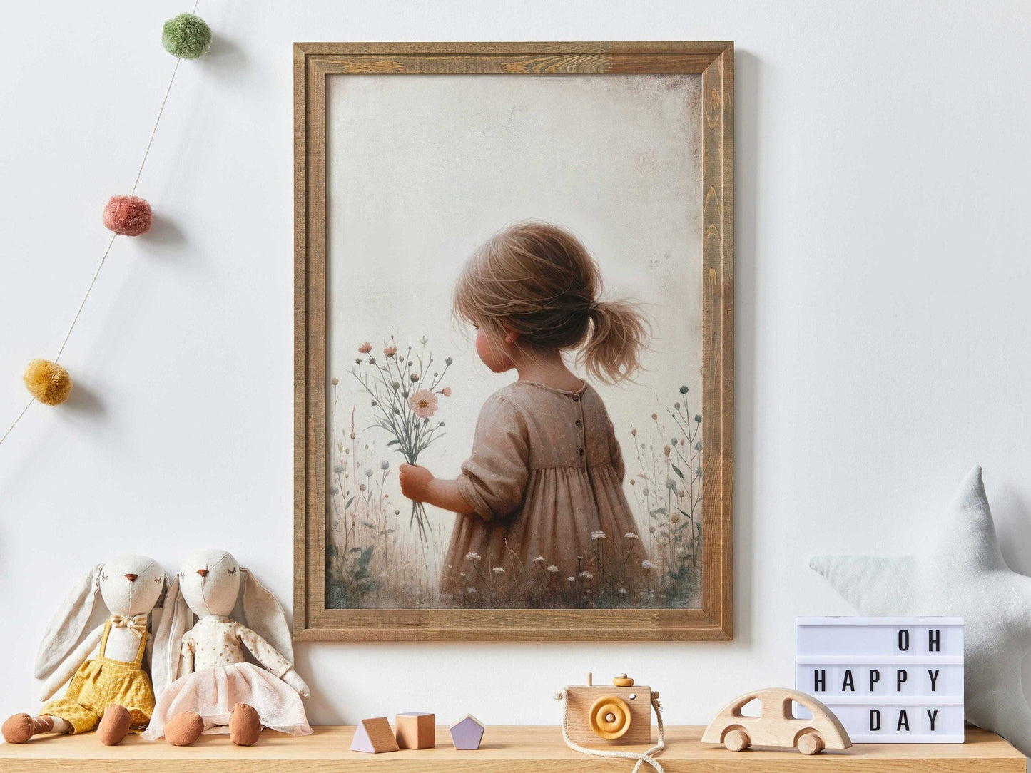 Girly Wall Art Print, Toddler Girl with Flowers Decor, Wildflower Design - WildfieldPrints