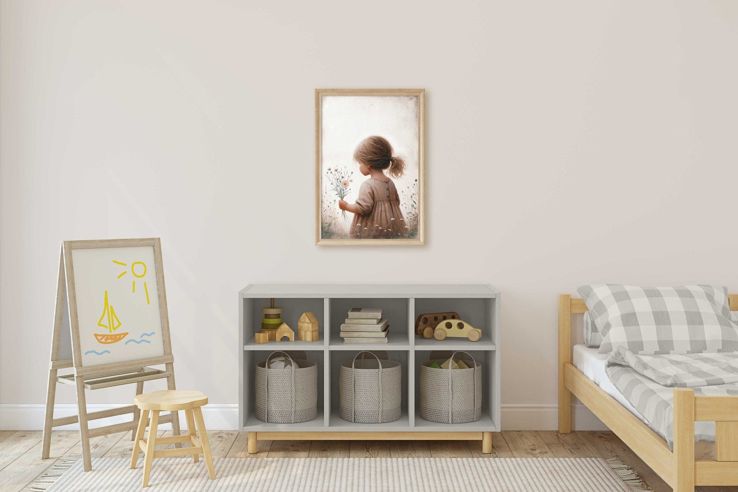 Girly Wall Art Print, Toddler Girl with Flowers Decor, Wildflower Design - WildfieldPrints
