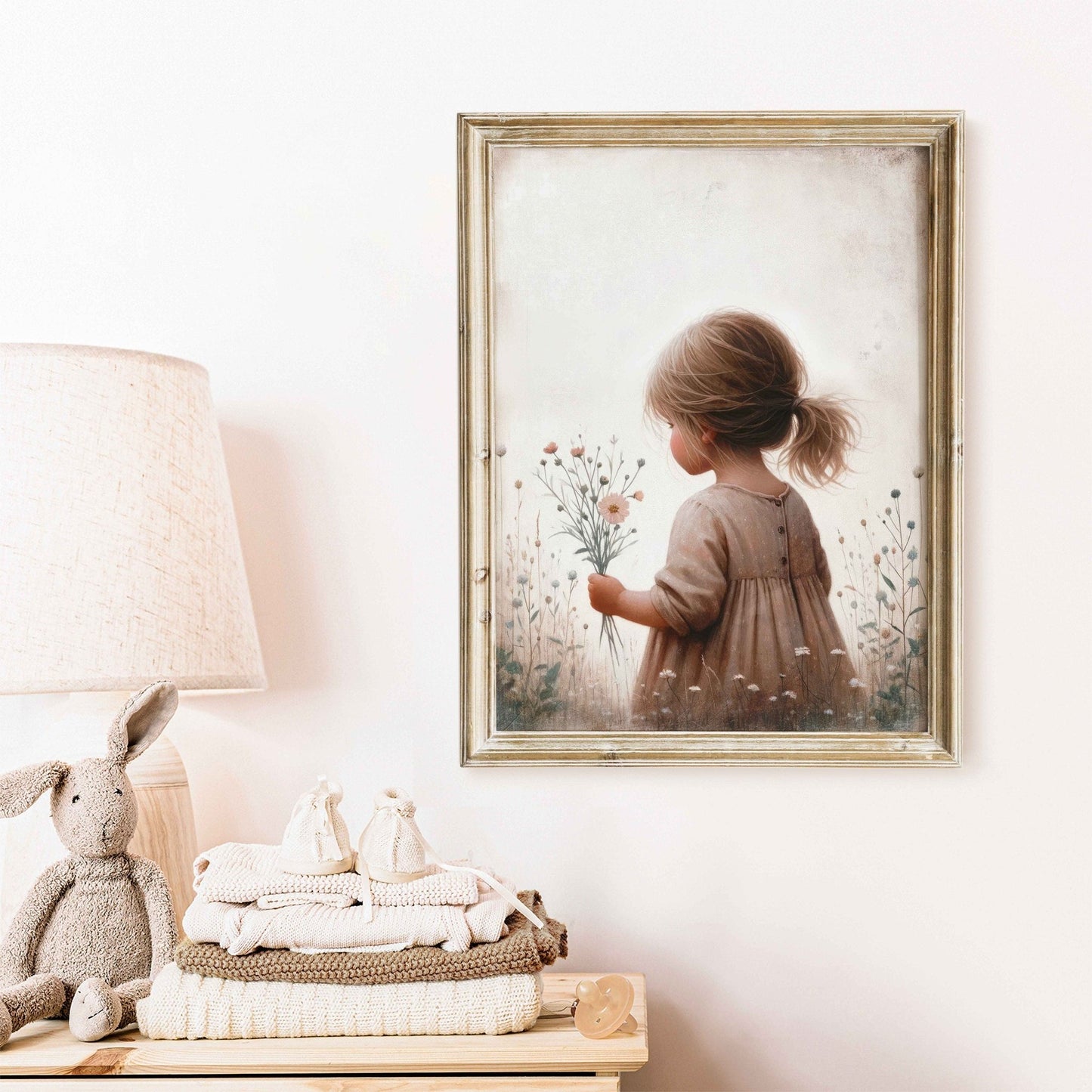 Girly Wall Art Print, Toddler Girl with Flowers Decor, Wildflower Design - WildfieldPrints
