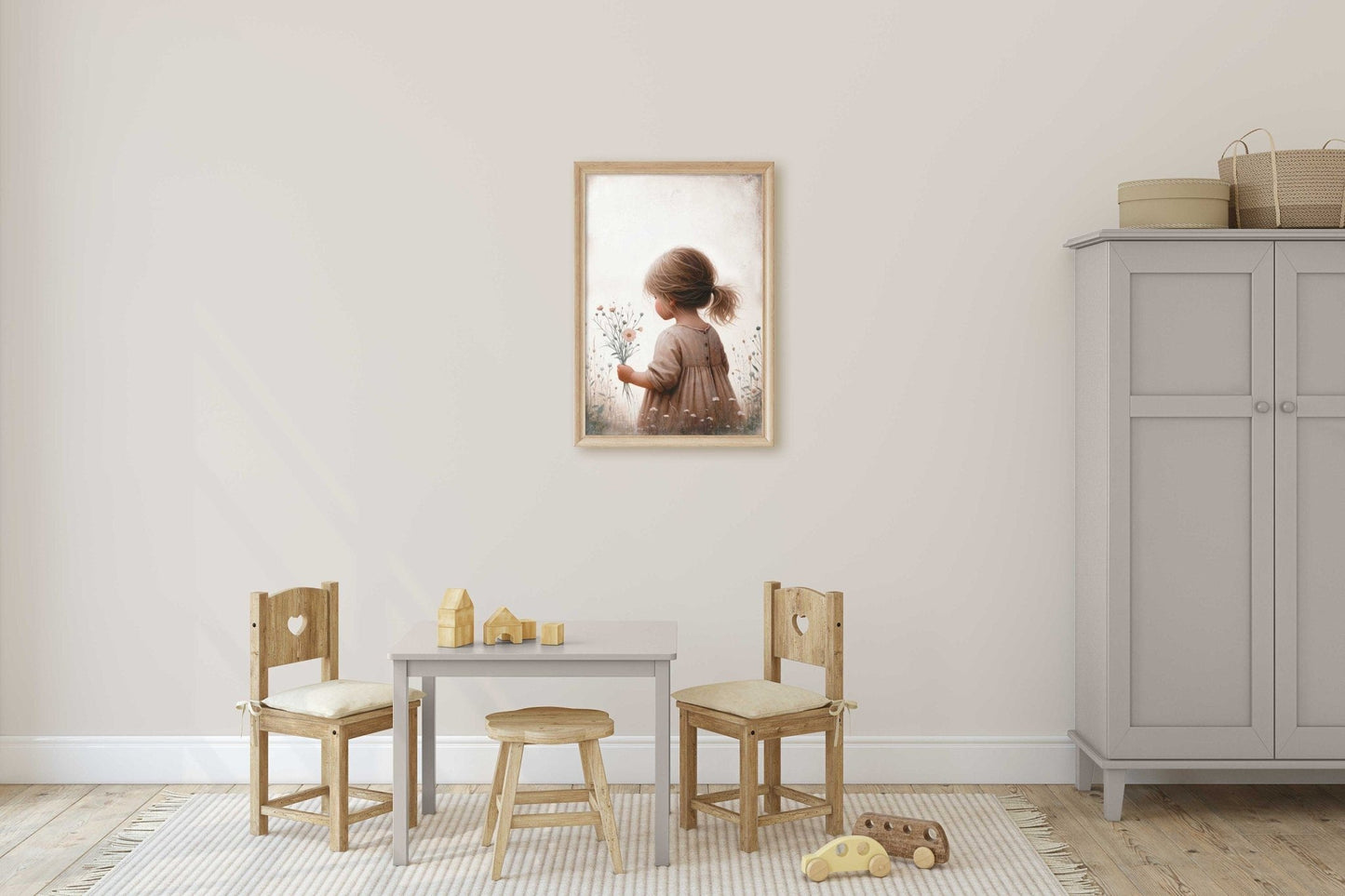 Girly Wall Art Print, Toddler Girl with Flowers Decor, Wildflower Design - WildfieldPrints