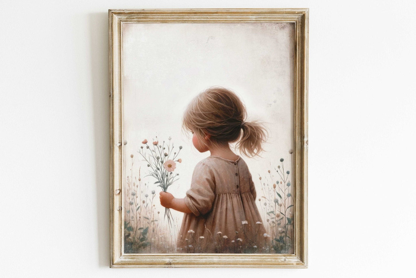 Girly Wall Art Print, Toddler Girl with Flowers Decor, Wildflower Design - WildfieldPrints