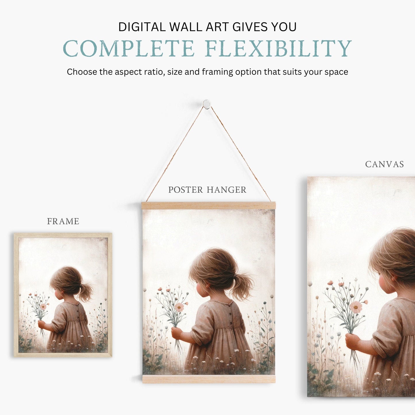 Girly Wall Art Print, Toddler Girl with Flowers Decor, Wildflower Design - WildfieldPrints