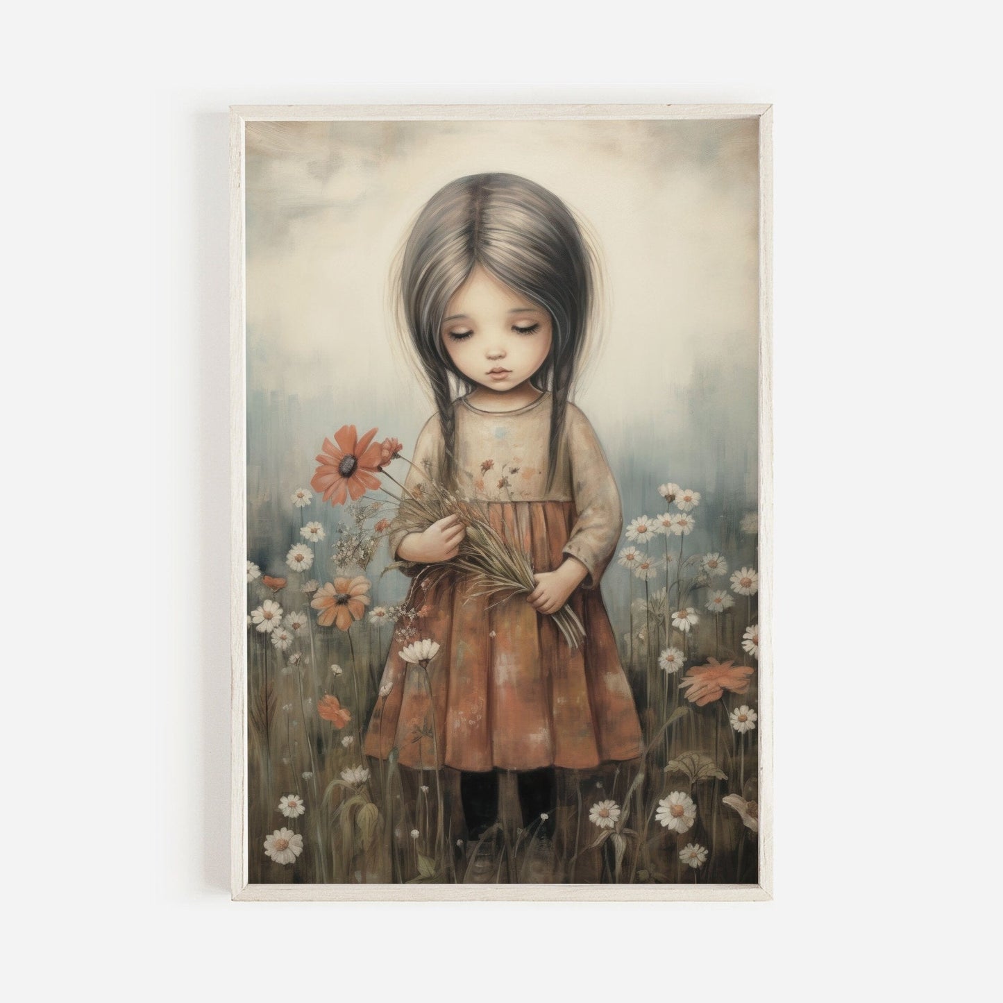 Girly Wall Art Print, Toddler Girl with Flowers, Wildflower Decor - WildfieldPrints