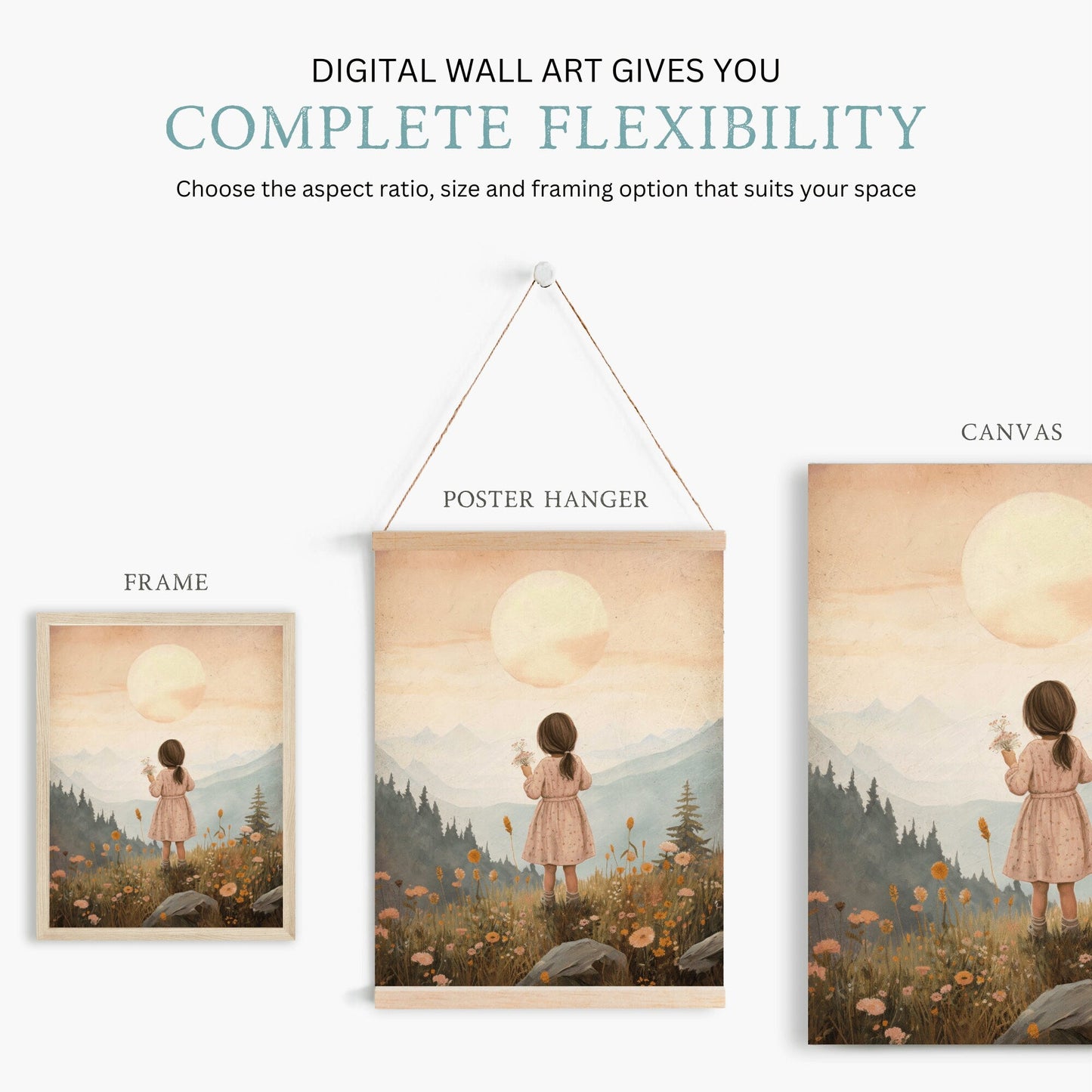 Girly Wall Art Print, Toddler Girl with Flowers, Wildflower Decor - WildfieldPrints