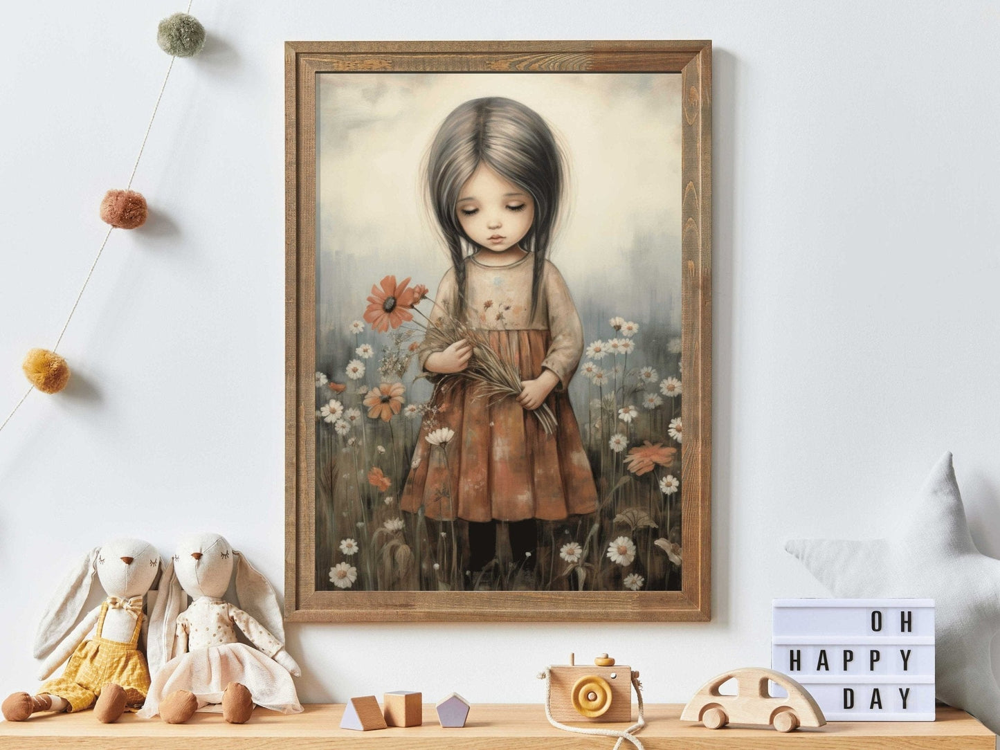 Girly Wall Art Print, Toddler Girl with Flowers, Wildflower Decor - WildfieldPrints