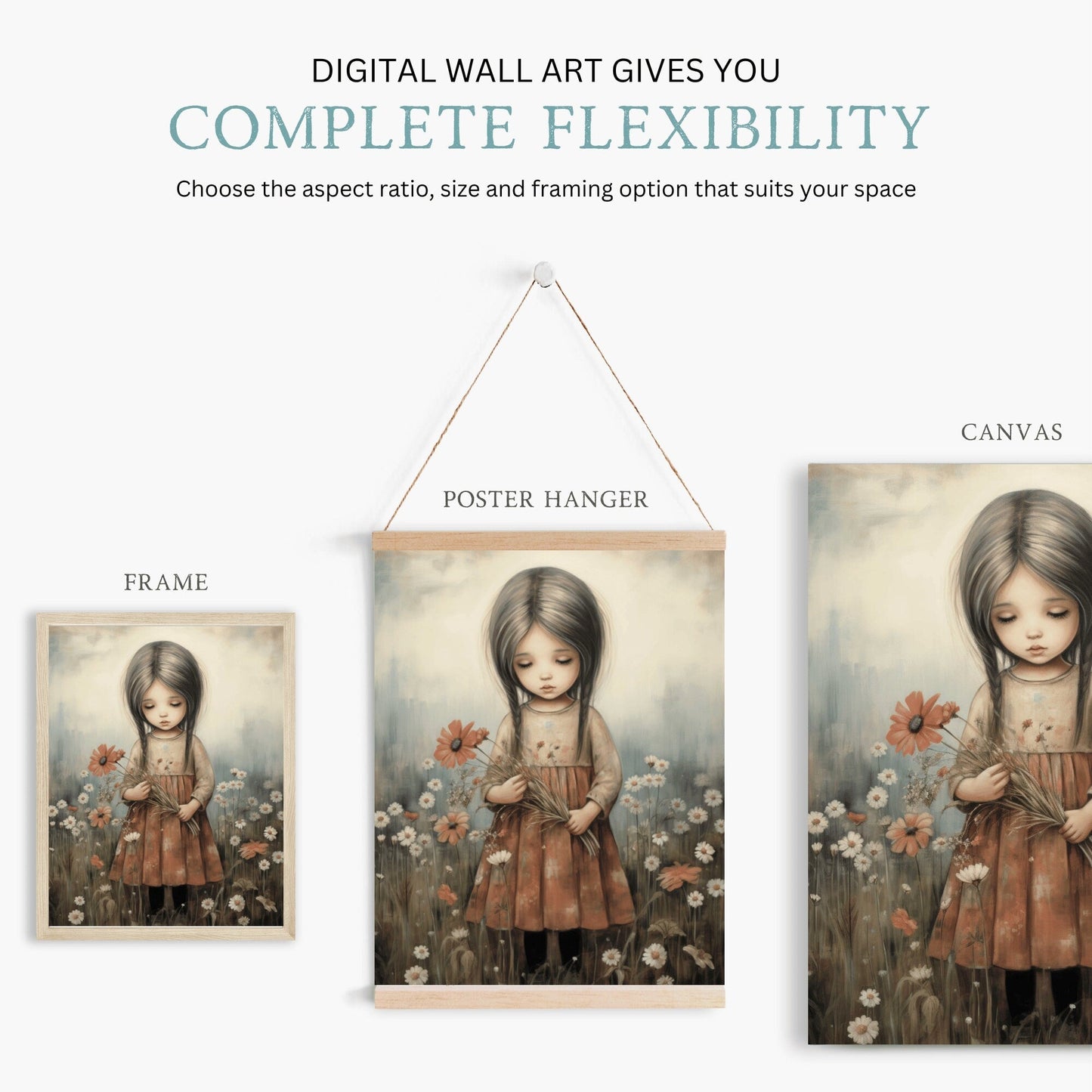 Girly Wall Art Print, Toddler Girl with Flowers, Wildflower Decor - WildfieldPrints