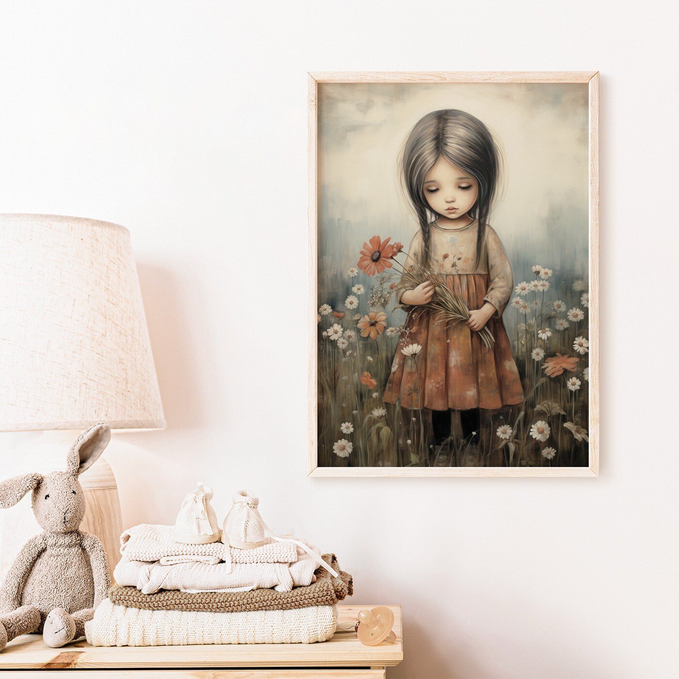 Girly Wall Art Print, Toddler Girl with Flowers, Wildflower Decor - WildfieldPrints