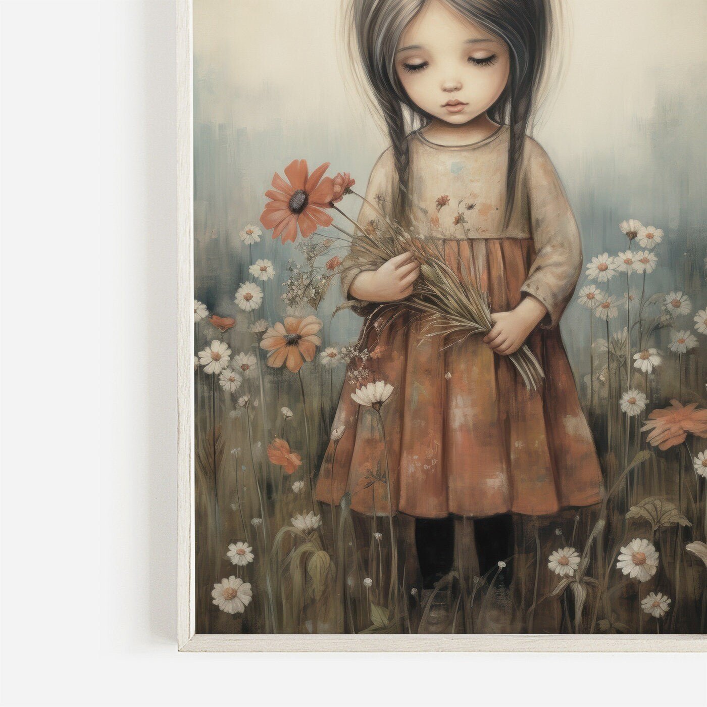 Girly Wall Art Print, Toddler Girl with Flowers, Wildflower Decor - WildfieldPrints