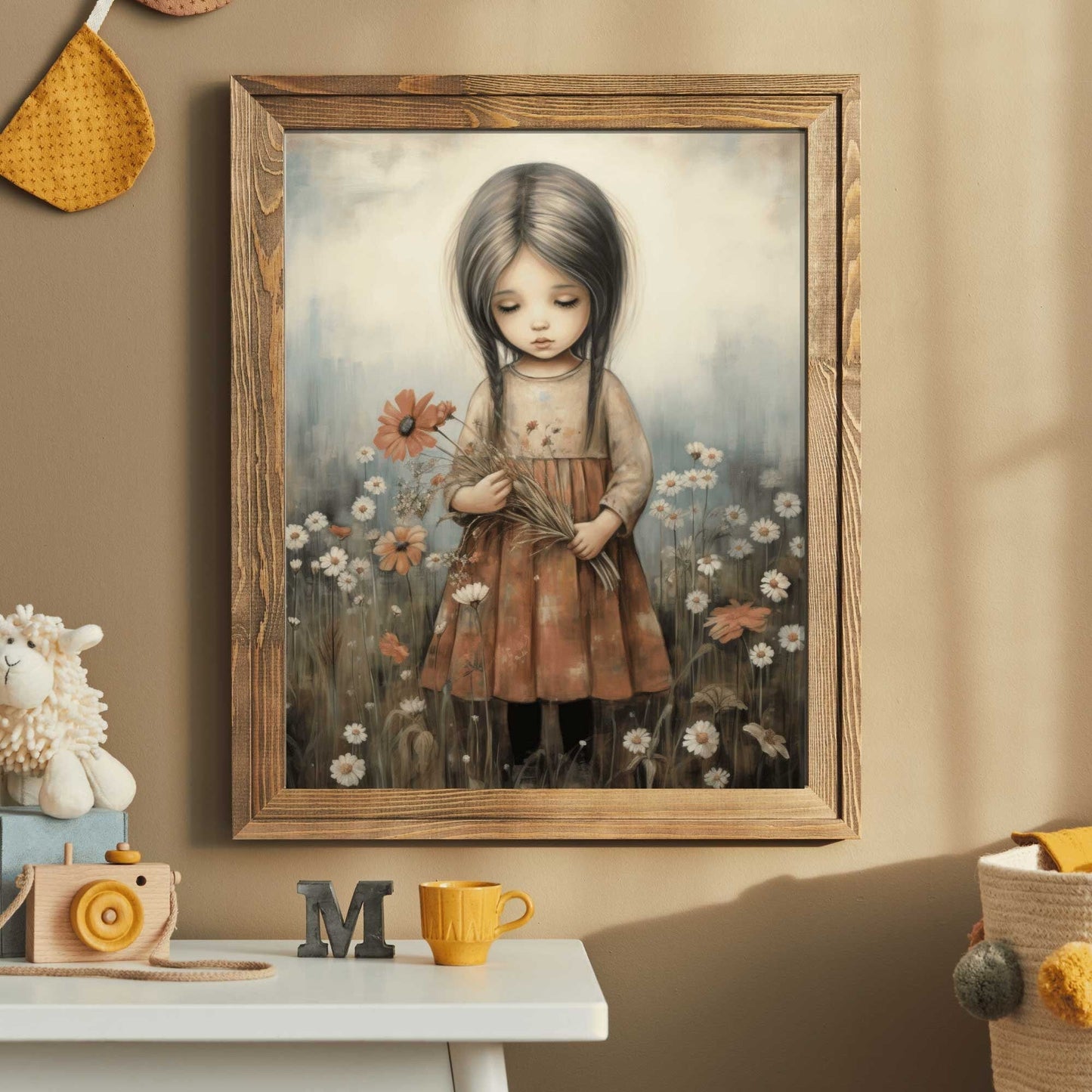 Girly Wall Art Print, Toddler Girl with Flowers, Wildflower Decor - WildfieldPrints