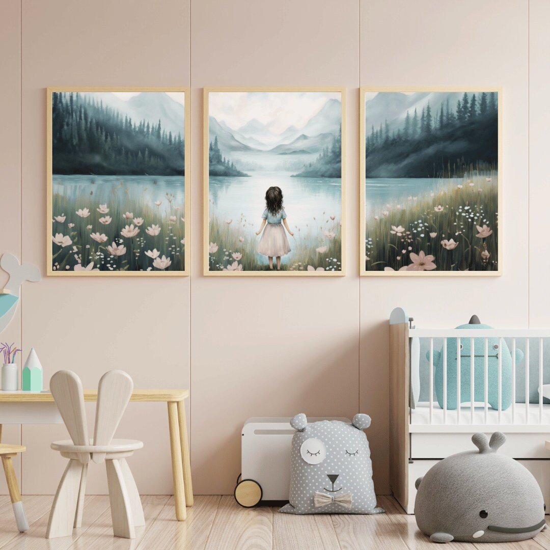 Girly Wall Art Print, Vintage Nursery Decor, Girl with Flowers - WildfieldPrints