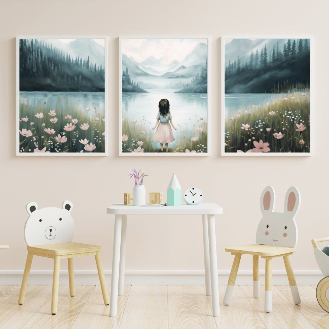 Girly Wall Art Print, Vintage Nursery Decor, Girl with Flowers - WildfieldPrints