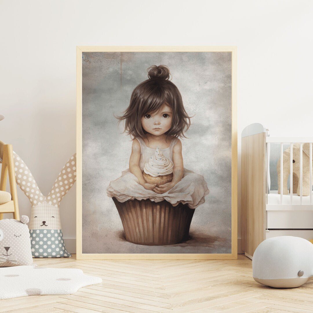 Girly Wall Decor, Unique Vintage Nursery Art, Cute Cupcake Print - WildfieldPrints