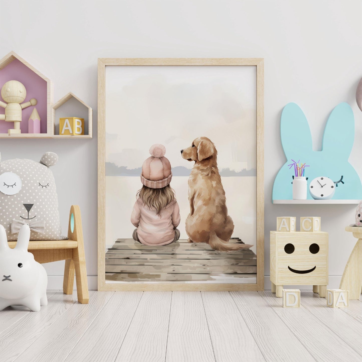 Golden Retriever Nursery Art, Girl & Dog Wall Decor, Lake Themed Print - WildfieldPrints