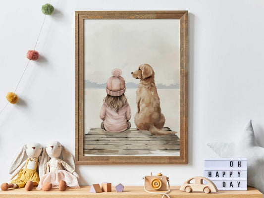 Golden Retriever Nursery Art, Girl & Dog Wall Decor, Lake Themed Print - WildfieldPrints