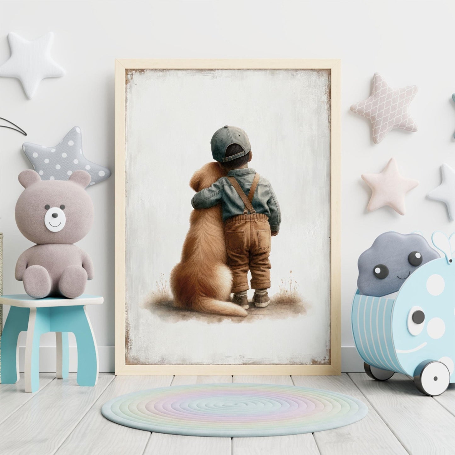 Golden Retriever Nursery Decor, Boy and Dog Art Print, Puppy Wall Art - WildfieldPrints