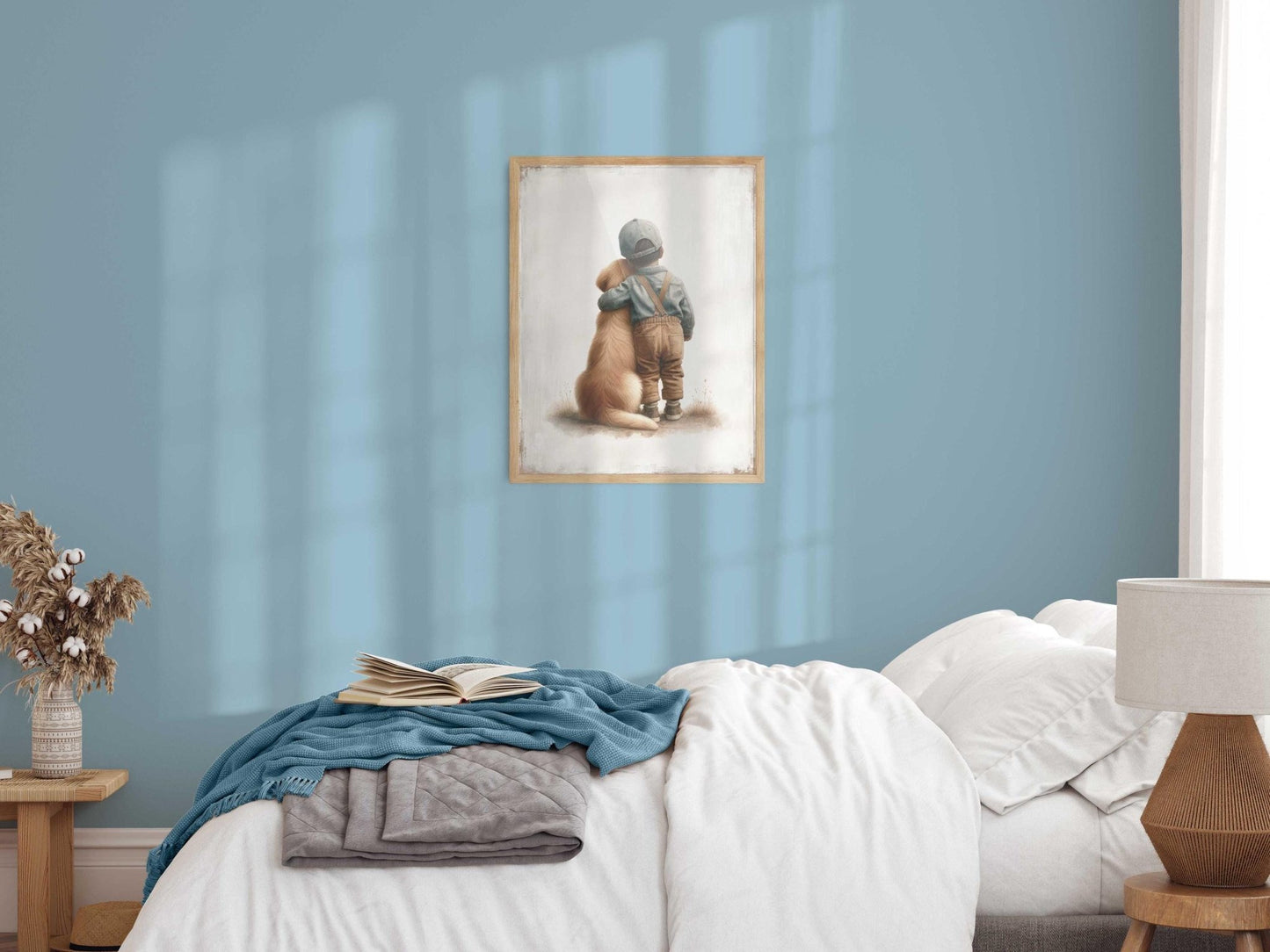 Golden Retriever Nursery Decor, Boy and Dog Art Print, Puppy Wall Art - WildfieldPrints