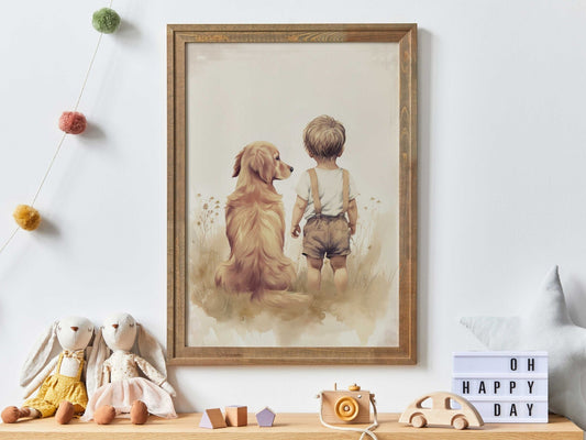 Golden Retriever Nursery Decor, Boy & Dog Art Print, Puppy Room Decor - WildfieldPrints