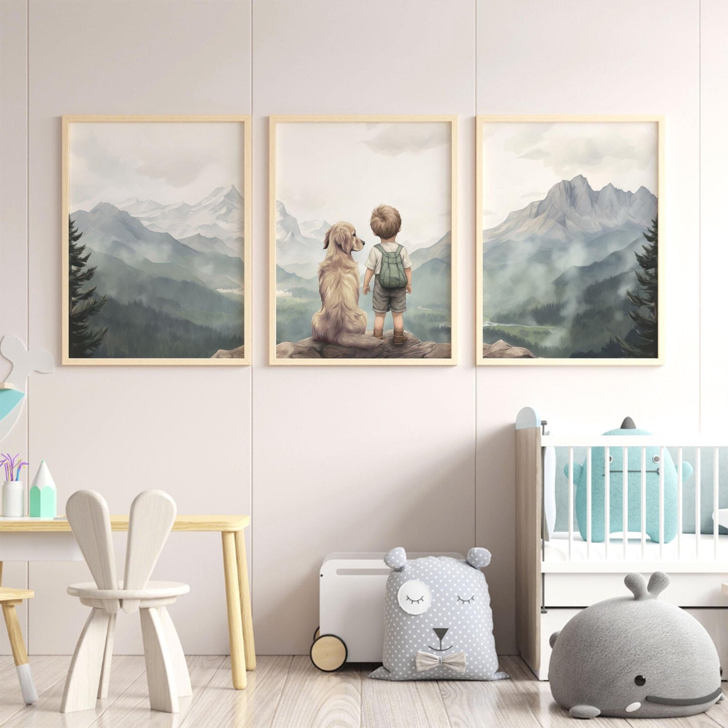 Golden Retriever Nursery Decor, Boy & Dog Painting, Dog Wall Art - WildfieldPrints