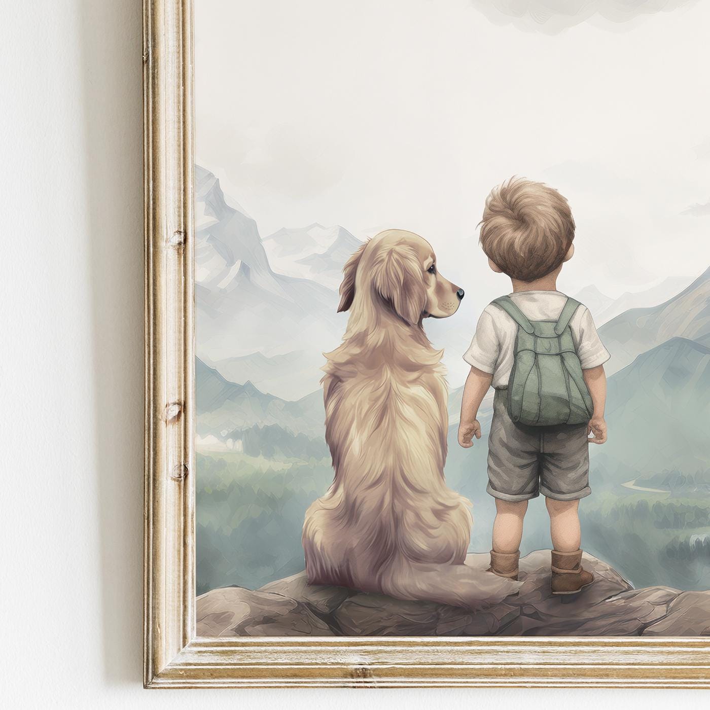 Golden Retriever Nursery Decor, Boy & Dog Painting, Dog Wall Art - WildfieldPrints
