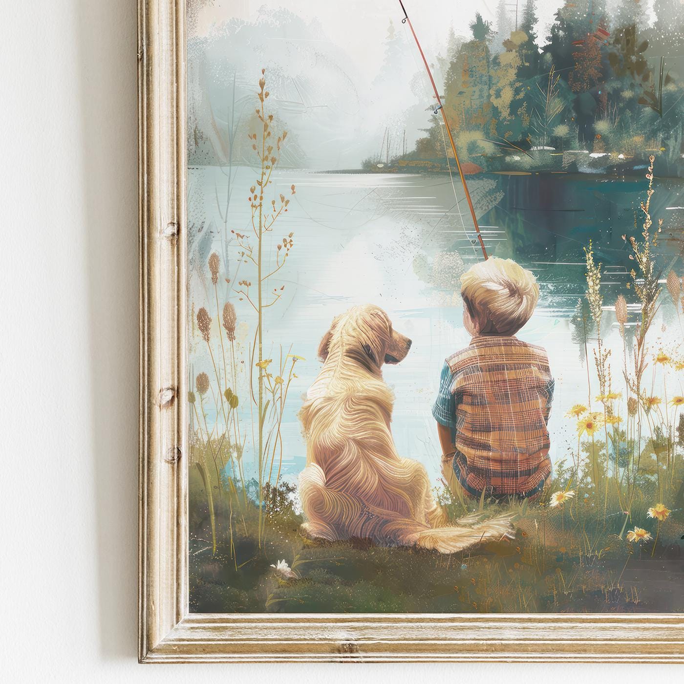 Golden Retriever Nursery Decor, Boys Room Painting, Fishing Wall Art, Lake Decor - WildfieldPrints