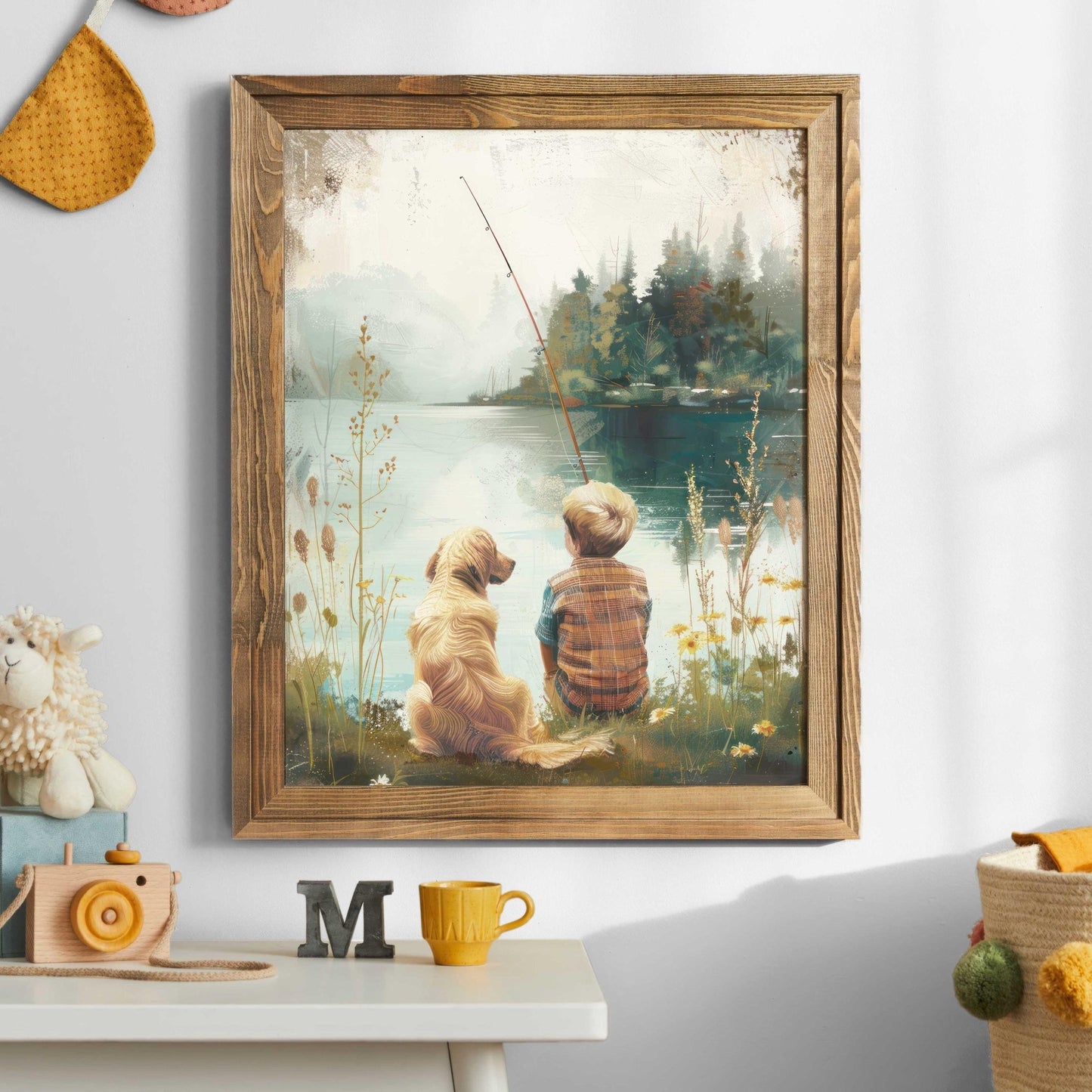 Golden Retriever Nursery Decor, Boys Room Painting, Fishing Wall Art, Lake Decor - WildfieldPrints