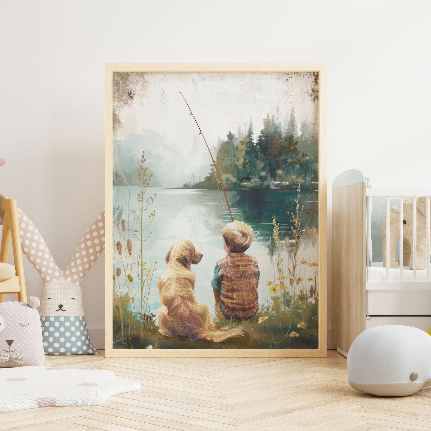Golden Retriever Nursery Decor, Boys Room Painting, Fishing Wall Art, Lake Decor - WildfieldPrints