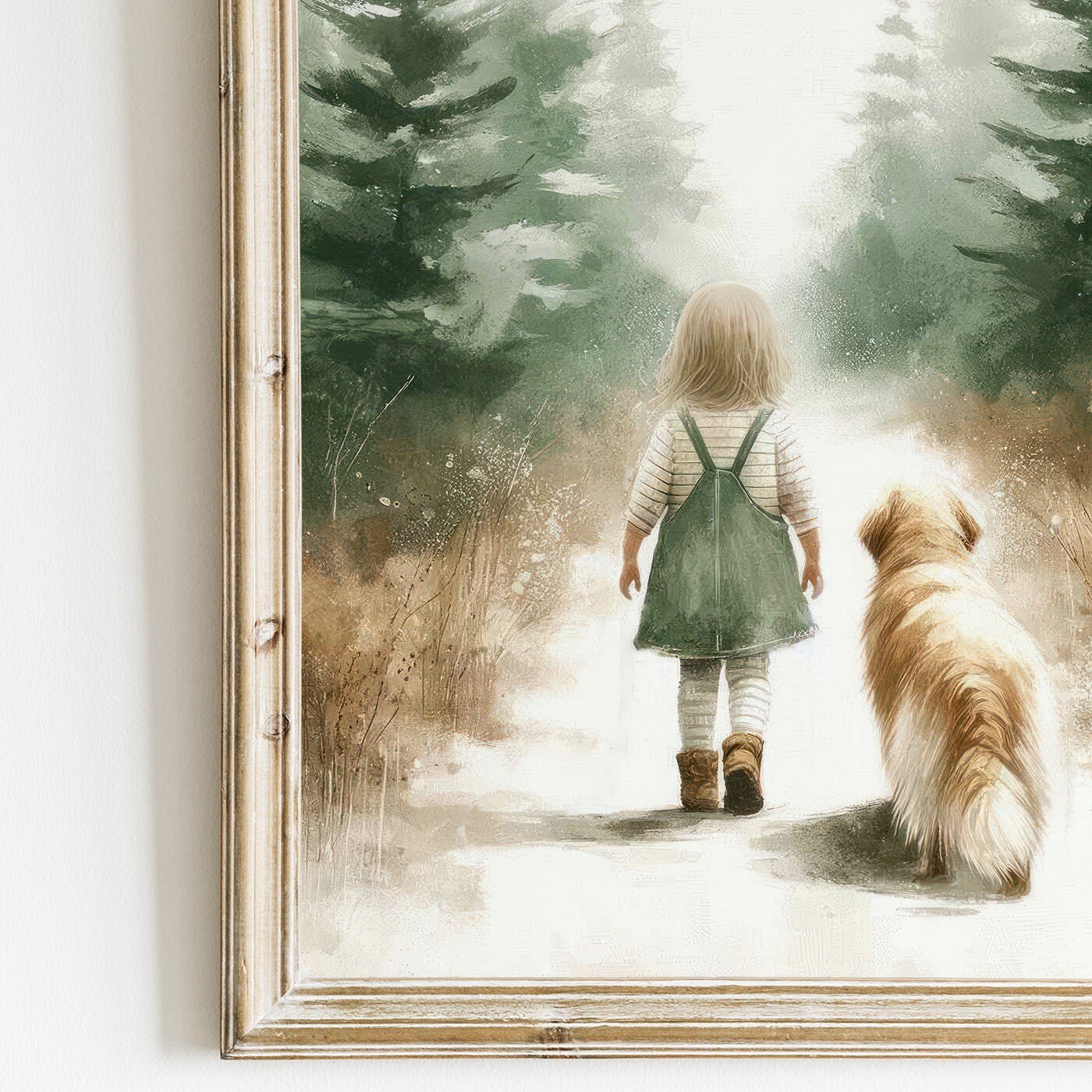Golden Retriever Nursery Decor, Girl and Dog Print, Rustic Room Accent - WildfieldPrints