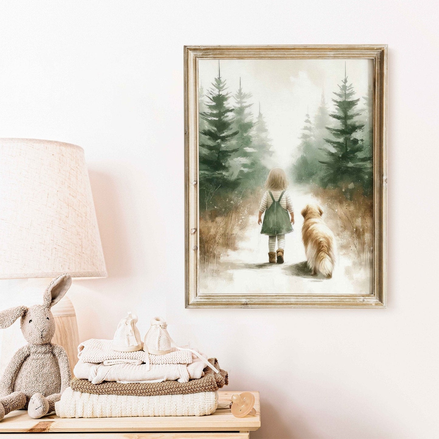 Golden Retriever Nursery Decor, Girl and Dog Print, Rustic Room Accent - WildfieldPrints
