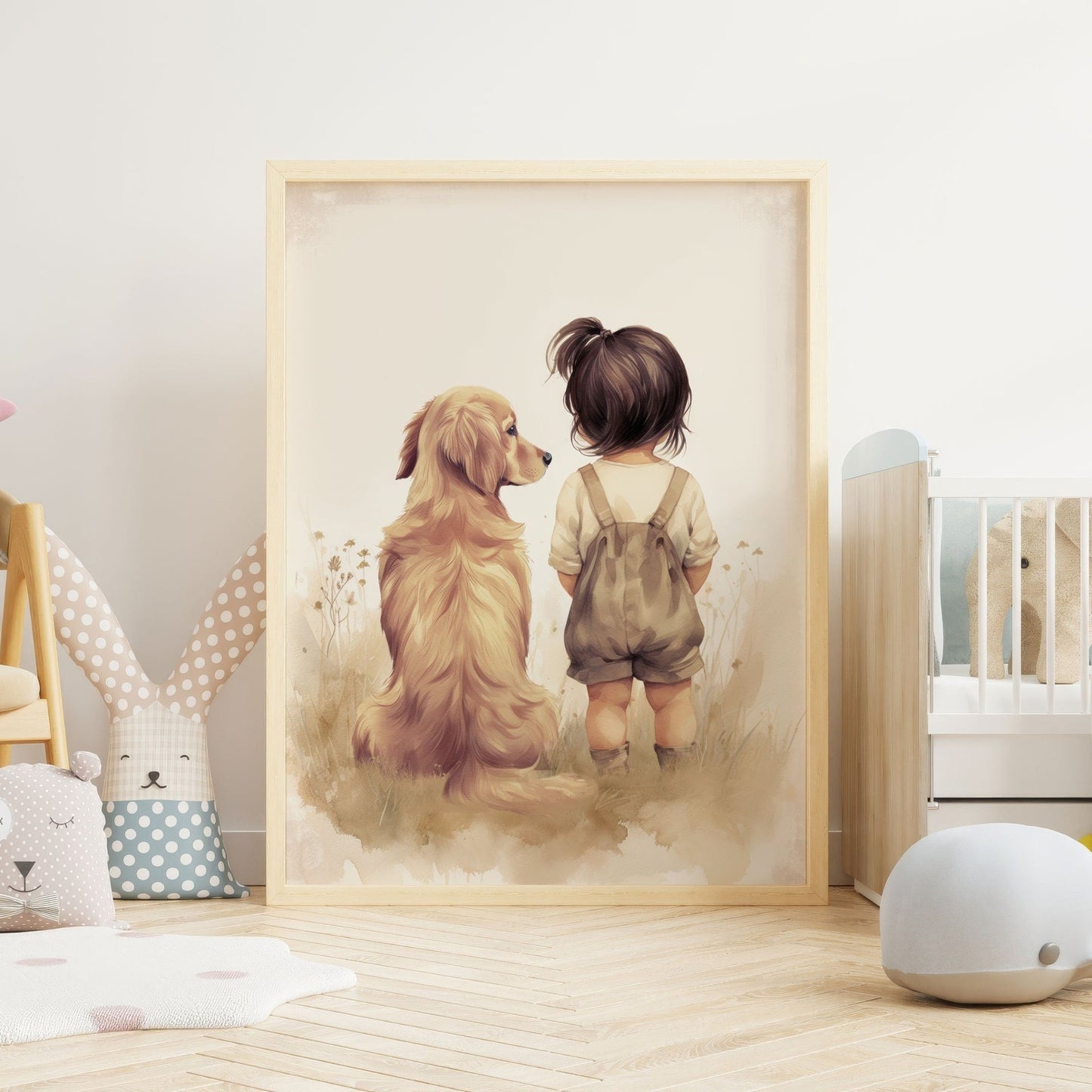 Golden Retriever Nursery Decor, Girl & Dog Painting, Baby Shower Gift - WildfieldPrints