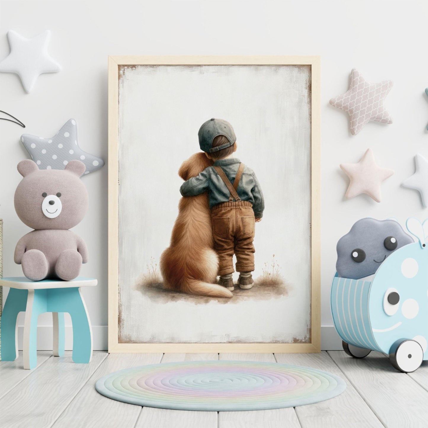 Golden Retriever Nursery Print, Boy and Dog Art, Boys Room Decor - WildfieldPrints