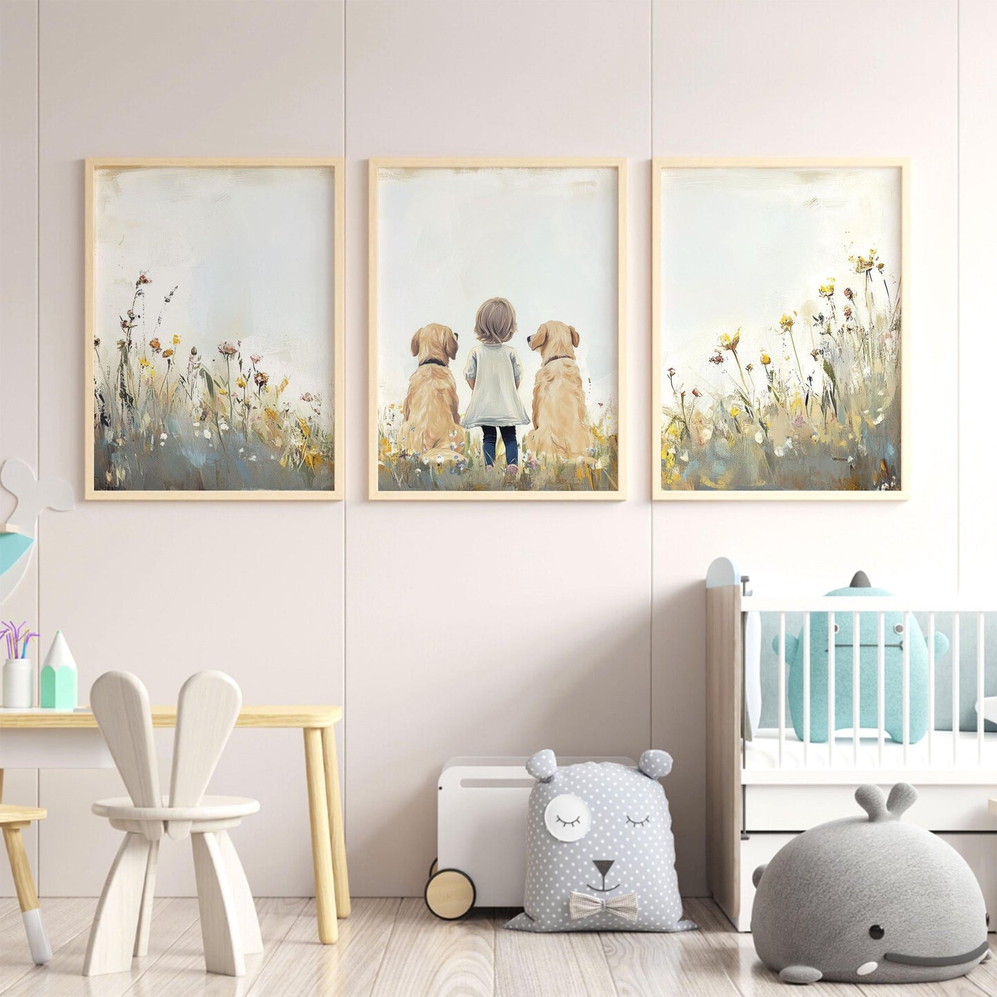 Golden Retriever Nursery Print, Set of 3, Dog Family Portrait, Dog Nursery Decor, Dog Wall Art, Kids with Dogs, Printable Dog Wall Art Girls - My Store