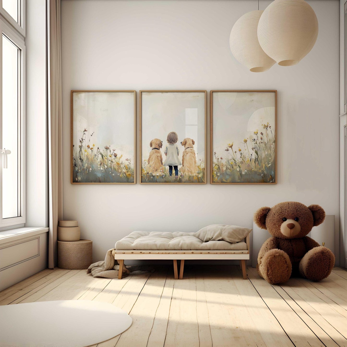 Golden Retriever Nursery Print, Set of 3, Dog Family Portrait, Dog Nursery Decor, Dog Wall Art, Kids with Dogs, Printable Dog Wall Art Girls - My Store