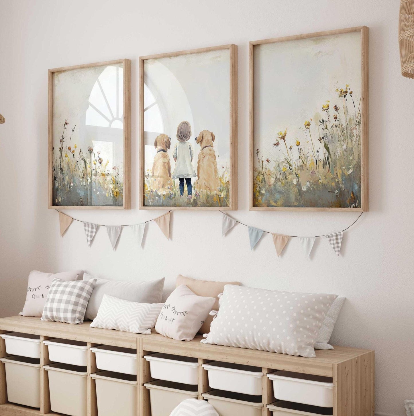 Golden Retriever Nursery Print, Set of 3, Dog Family Portrait, Dog Nursery Decor, Dog Wall Art, Kids with Dogs, Printable Dog Wall Art Girls - My Store