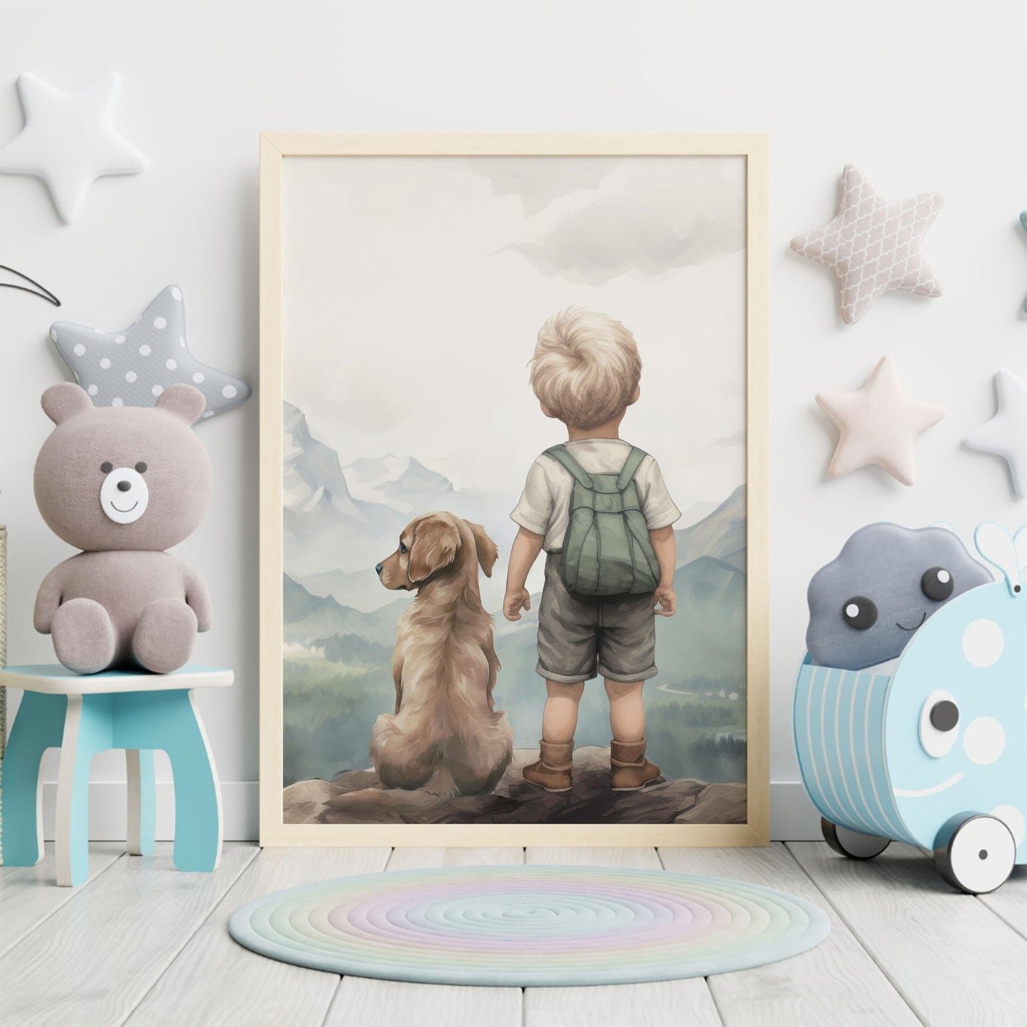 Golden Retriever Print Nursery, Boy & Dog Painting, Golden Retriever Portrait Kids, Puppy Nursery Wall Art, Printable Dog Wall Art for Boy - My Store