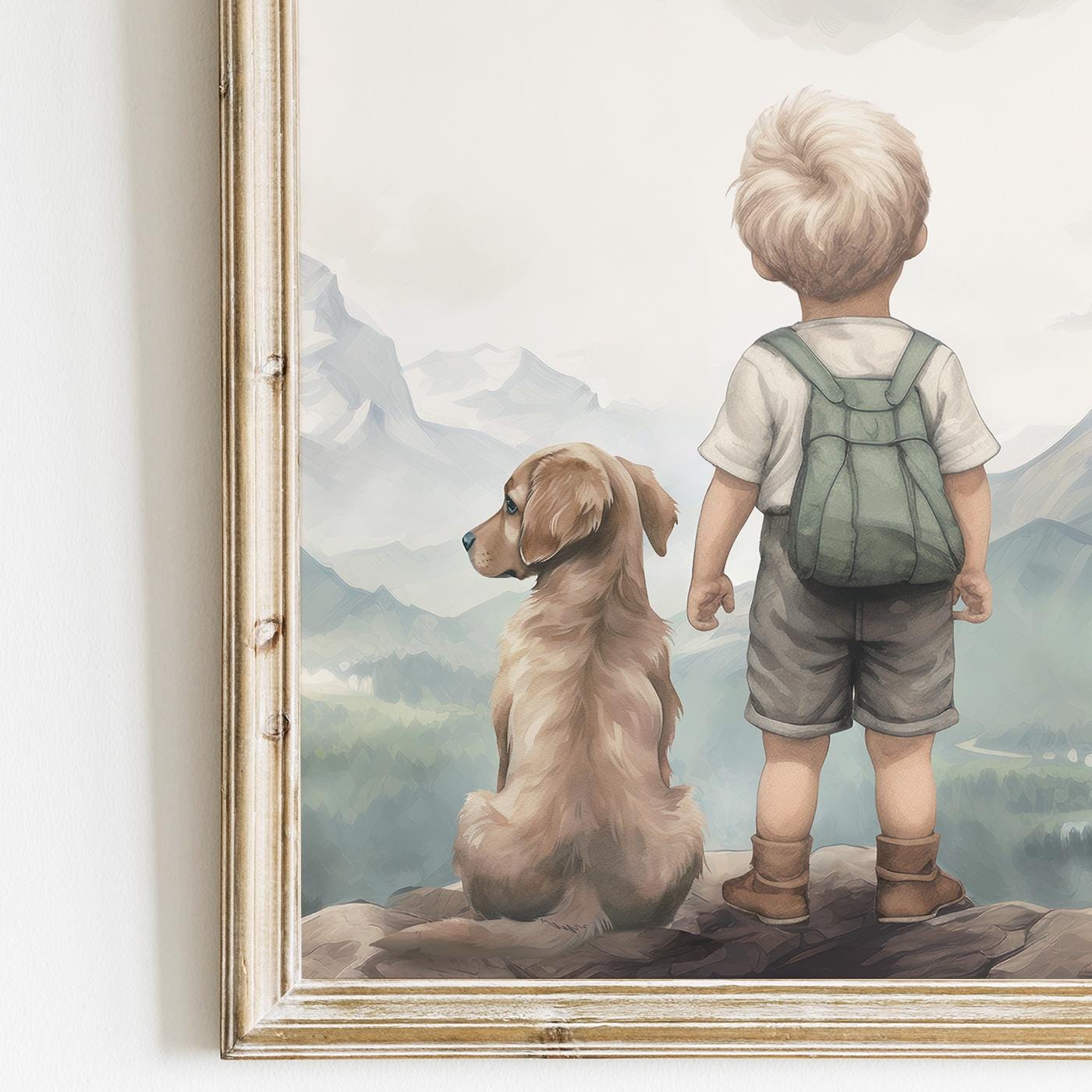 Golden Retriever Print Nursery, Boy & Dog Painting, Golden Retriever Portrait Kids, Puppy Nursery Wall Art, Printable Dog Wall Art for Boy - My Store