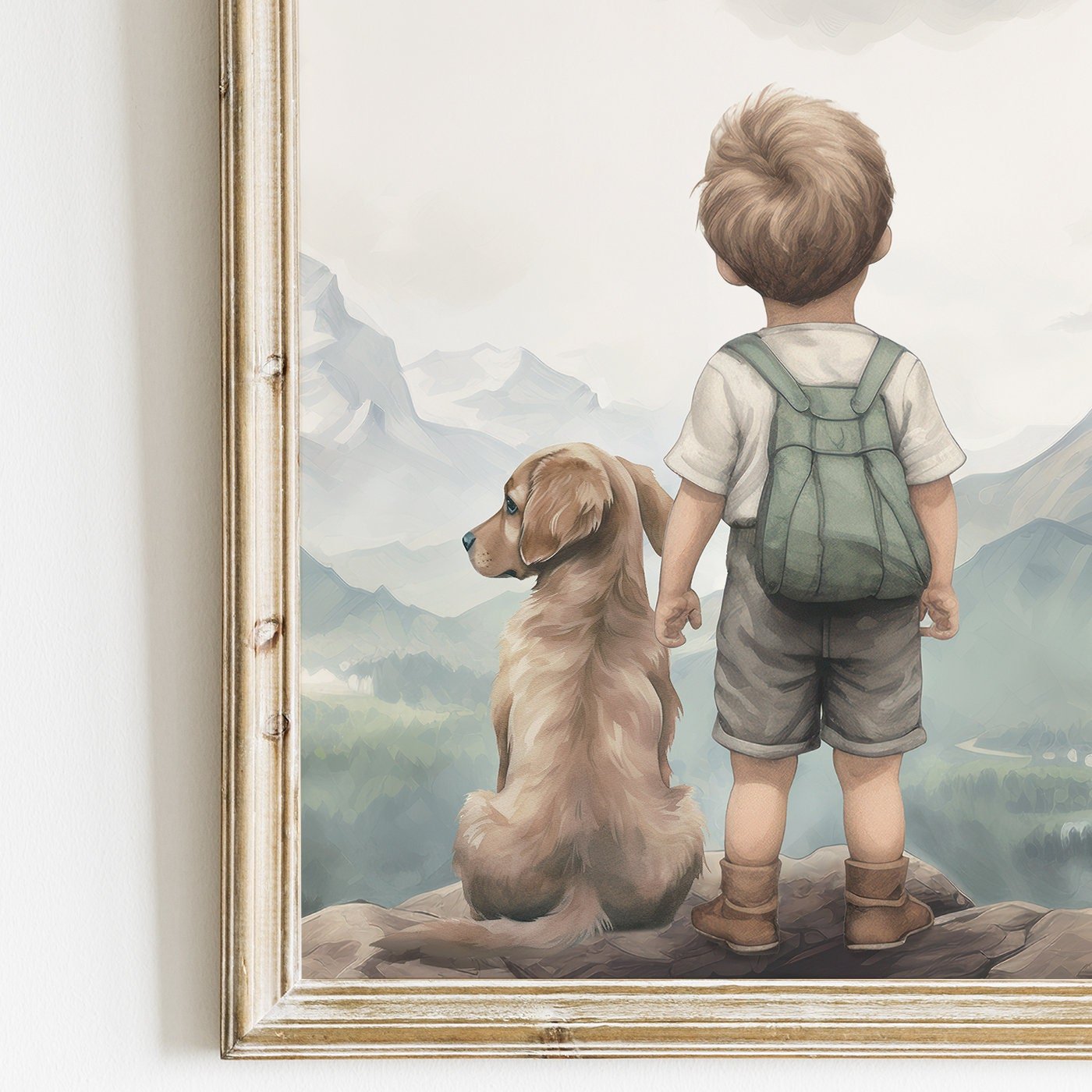Golden Retriever Puppy Nursery Decor, Boy & Dog Wall Art, Painting - WildfieldPrints