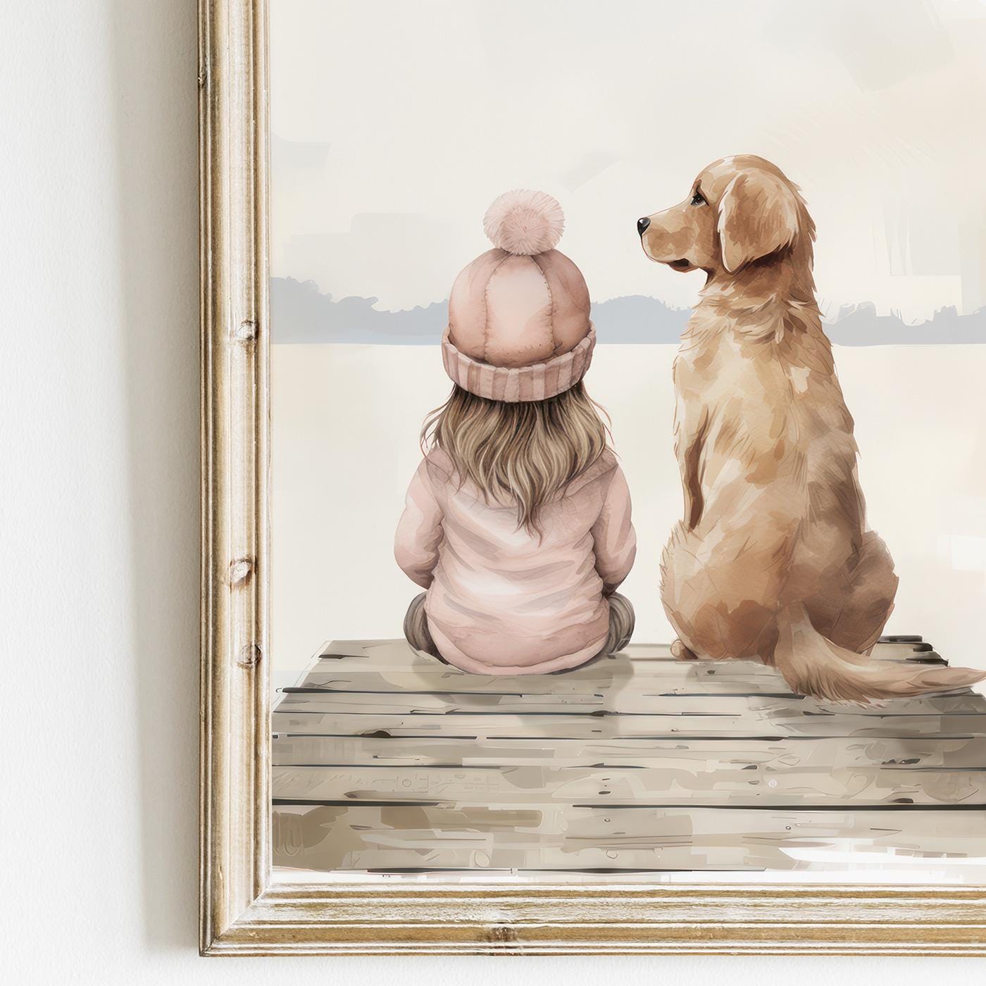 Golden Retriever Wall Art, Girl & Dog Decor, Lake Nursery Prints - WildfieldPrints