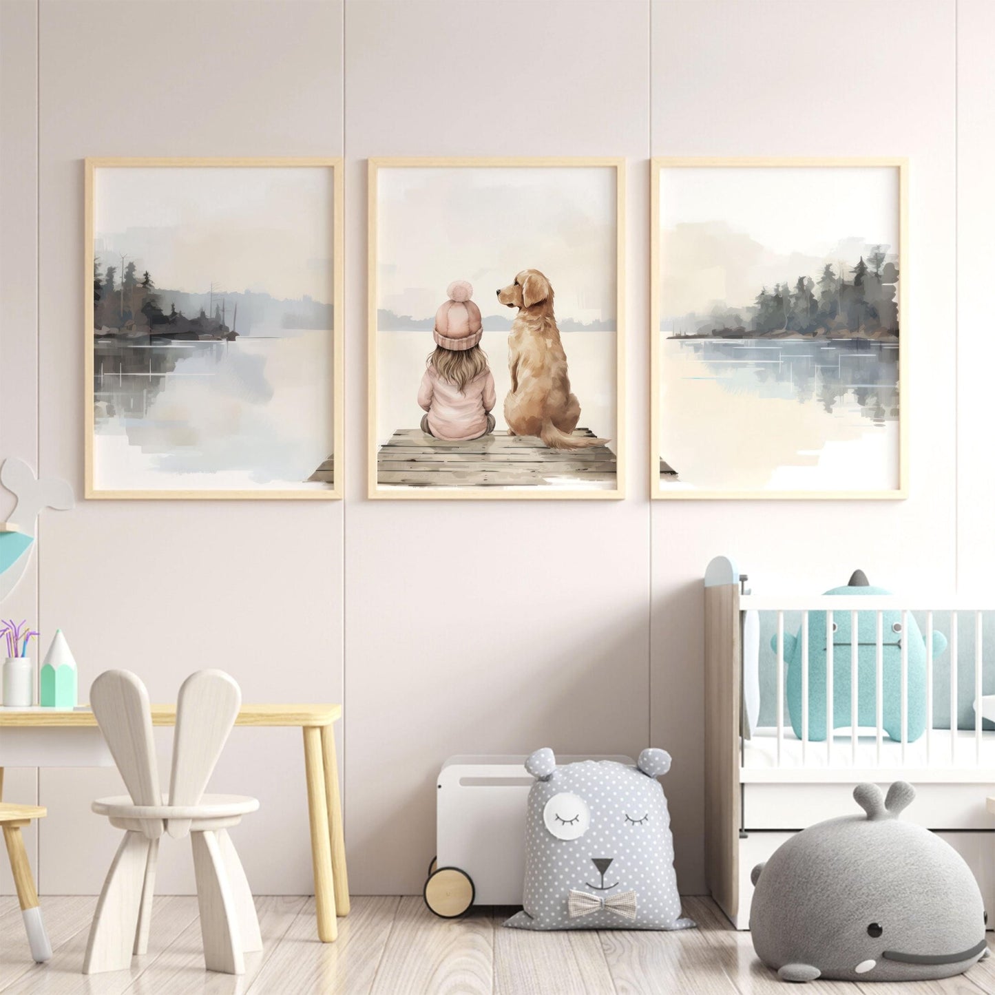 Golden Retriever Wall Art, Girl & Dog Decor, Lake Nursery Prints - WildfieldPrints