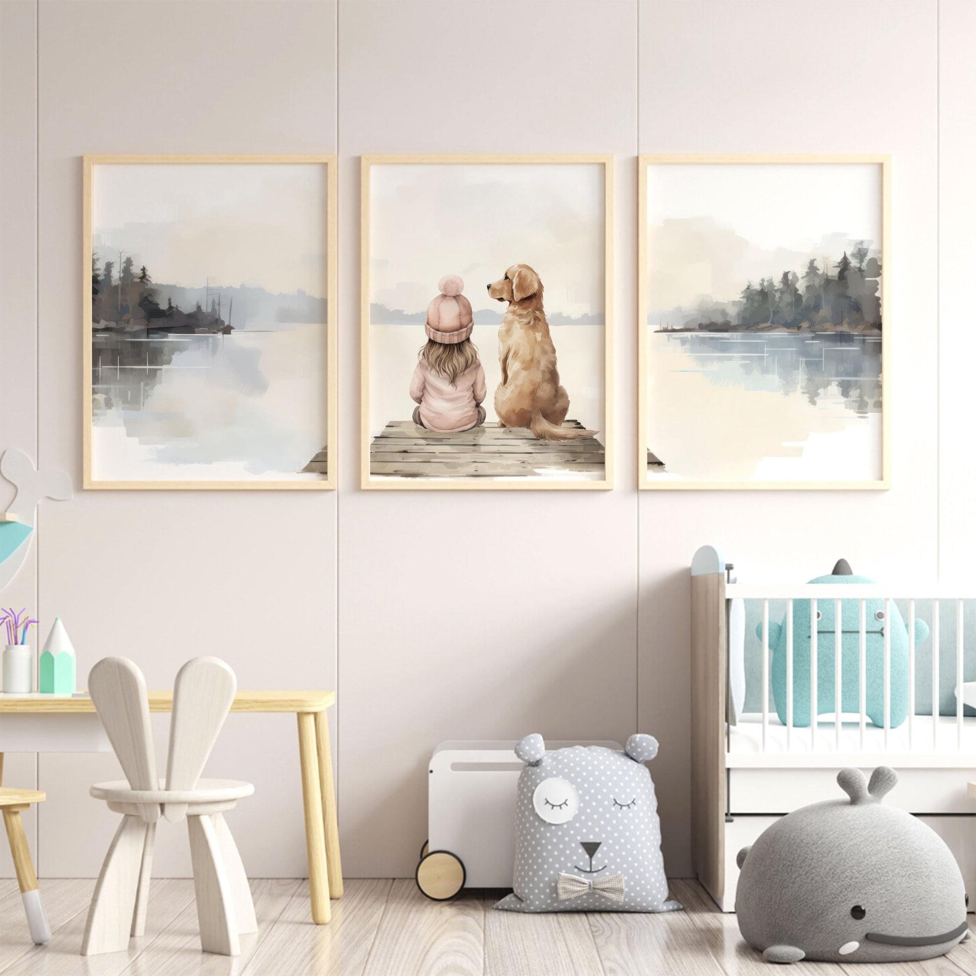 Golden Retriever Wall Art, Girl & Dog Decor, Lake Nursery Prints - WildfieldPrints
